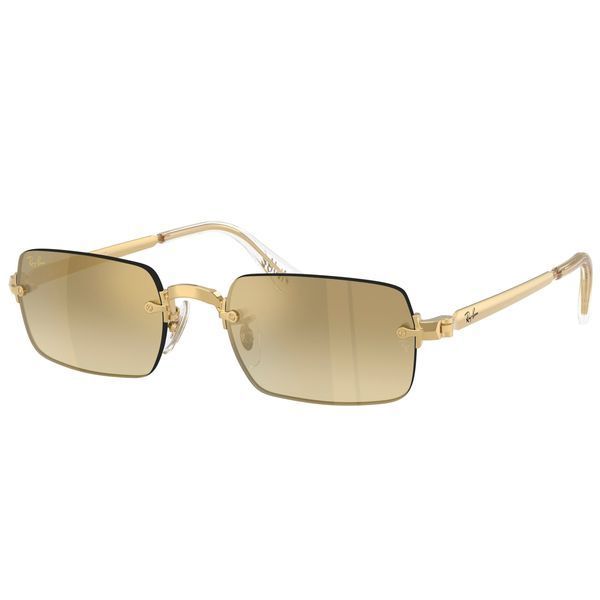 Ochelari de soare Ray-Ban x A$AP Rocky RB3928, vedere din semi-profil, evidențiind lentilele rectangulare cu efect de oglindă aurie și prinderile metalice