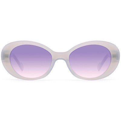 Ochelari de soare damă REFFY SG1528C5, vedere din semi-profil, ramă ovală din acetat nuanța mov transparent (lavandă) și lentile violet polarizate