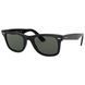 Ochelari de soare Ray-Ban Wayfarer, vedere din semi-profil, evidențiind faimosul unghi pantoscopic (&icirc;nclinat) și niturile argintii de pe front