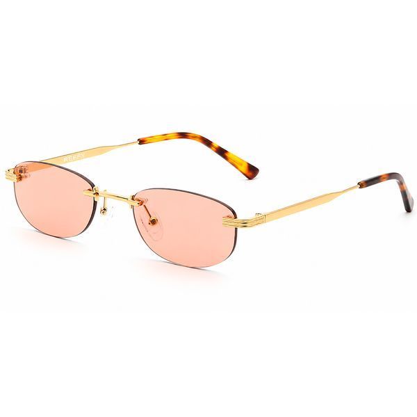 Ochelari de soare fără ramă pentru femei REFFY RGS7011C1 , prezentați din semi-profil cu lentile ovale roz, punte metalică aurie și terminații tortoiseshell