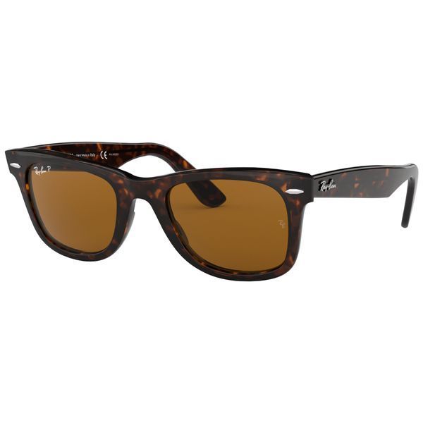Ochelari de soare Ray-Ban Wayfarer, vedere frontală, ramă clasică din acetat Tortoiseshell (Havana) cu lentile maro polarizate și logo Ray-Ban P