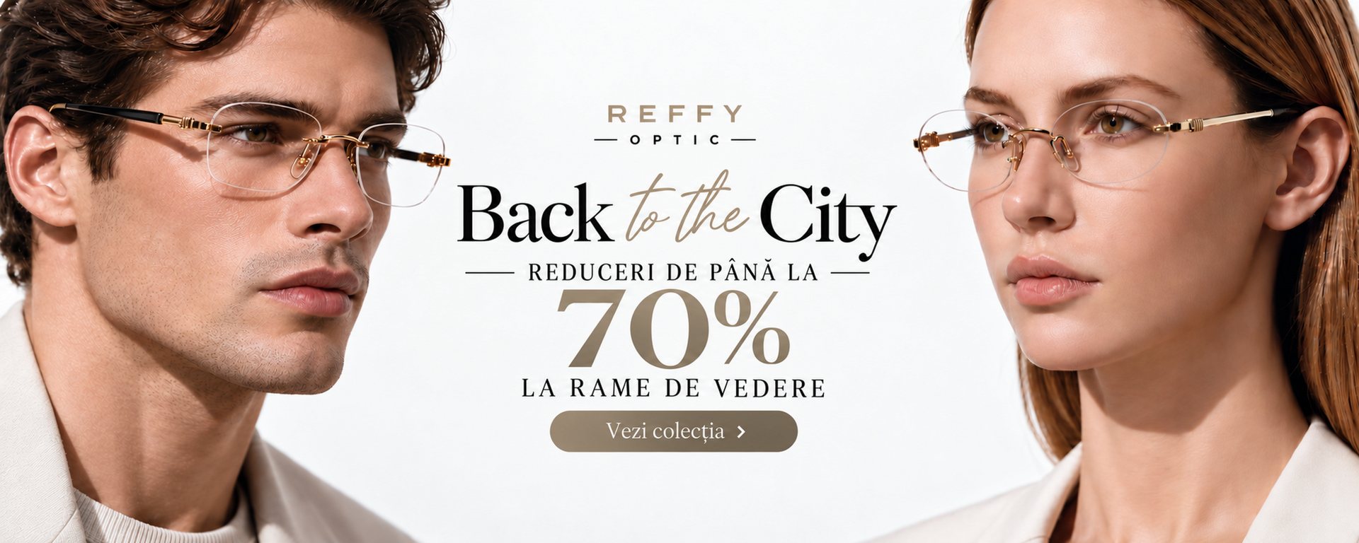 Bărbat și femeie cu ochelari de vedere — Back to the City la REFFY Optic: reduceri de până la 70% la rame.