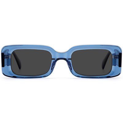Ochelari de soare dreptunghiulari oversized pentru femei REFFY, vedere frontală, ramă translucidă albastră &icirc;n stil retro anii '90 cu lentile polarizate gri