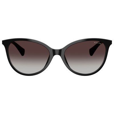 Ochelari de soare damă Ralph Lauren RA5339U, vedere frontală, formă feminină Panto cu efect cat-eye supradimensionat, acetat negru și lentile gri gradient