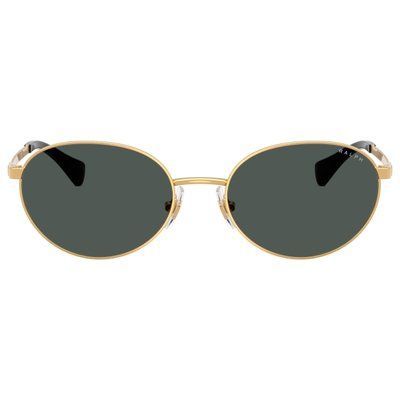 Ochelari de soare damă Ralph Lauren RA4148, vedere frontală, ramă ovală fină și elegantă din metal auriu cu lentile gri clasice