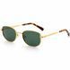 Ochelari de soare ovali unisex REFFY RGS7012C2 , prezentați din semi-profil cu ramă din metal auriu, lentile polarizate verzi și terminații tortoiseshell