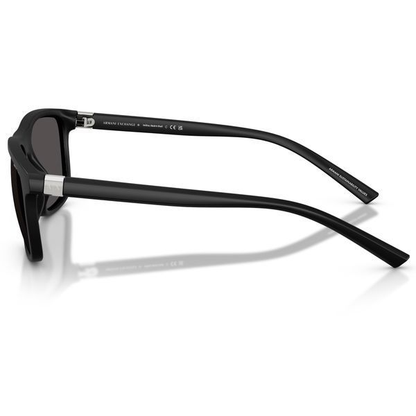 Vedere laterală a brațelor ochelarilor Armani Exchange AX4167SU, detaliind inserția metalică cu logo-ul AX și inscripția Armani Sustainability Values pe interior