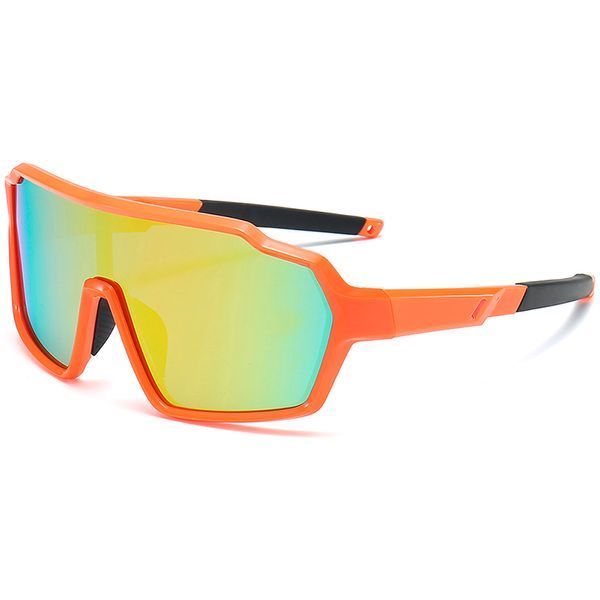 Ochelari de soare sport pentru copii REFFY, vedere din semi-profil, design aerodinamic tip mască cu ramă portocalie vibrantă, brațe negre și lentile iridescente multicolore