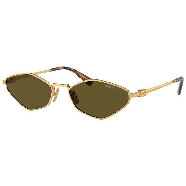 Ochelari de soare pentru femei Miu Miu MU 56ZS, vedere din semi-profil, evidențiind rama geometrică din metal auriu și lentilele maro elegante