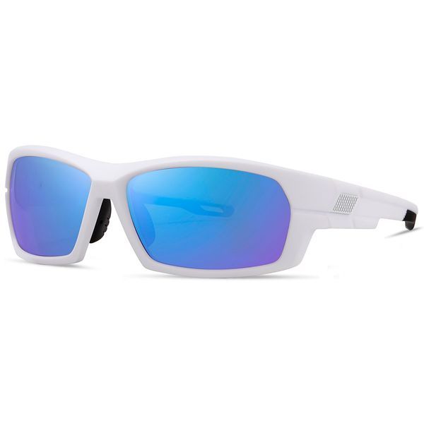 Ochelari de soare sportivi REFFY, vedere din semi-profil, design ergonomic cu ramă albă groasă și lentile polarizate cu efect de oglindă albastră