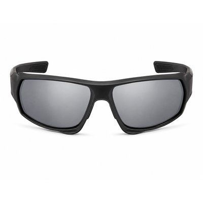 Прямой вид спереди спортивных солнцезащитных очков unisex REFFY XQ330 на снимке 2.jpg, с черной оправой и серебристыми зеркальными линзами