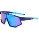 Ochelari de soare sport pentru copii REFFY, vedere din semi-profil, design modern cu ramă superioară albastru &icirc;nchis, brațe cauciucate albastru deschis (bleu) și lentile iridescente cameleon