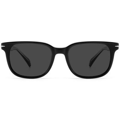 Ochelari de soare dreptunghiulari bărbați REFFY, vedere frontală, ramă neagră premium cu lentile gri polarizate și accente metalice argintii pe colțuri