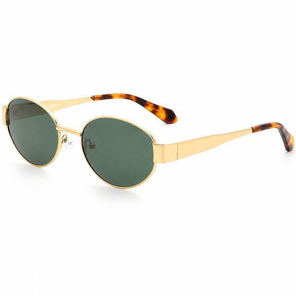 Ochelari de soare ovali unisex REFFY RGS7016C1 , din semi-profil cu ramă din metal auriu, lentile verzi polarizate și brațe cu terminații havana