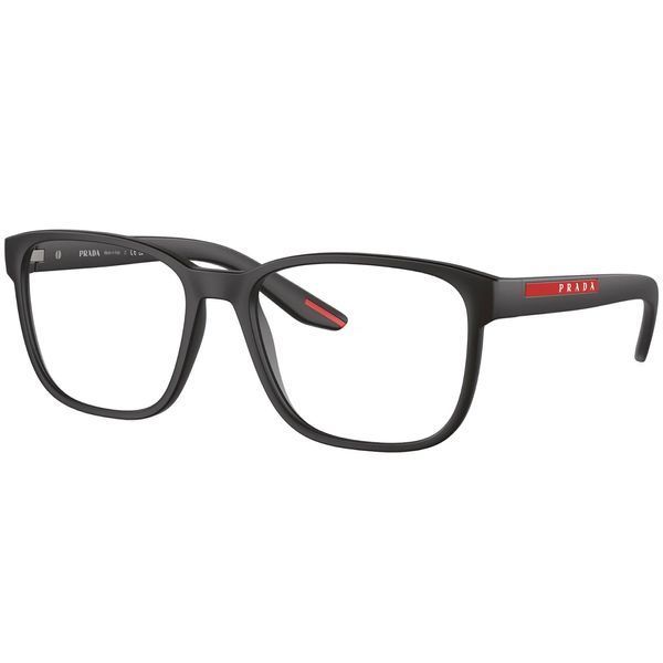 Оправа Prada Linea Rossa PS 06PV 18K1O1 55 &mdash; мужская модель, прямоугольная форма, чёрная пластиковая рамка с красным логотипом, стильный дизайн