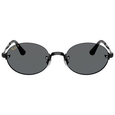 Ochelari de soare unisex Ray-Ban A$AP Rocky RB3929, vedere frontală, design fără ramă (rimless) de formă ovală, finisaj negru și lentile gri polarizate cu logo auriu