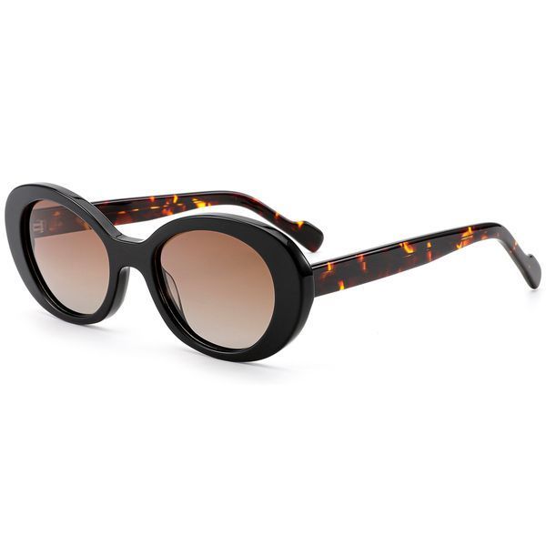 Ochelari de soare ovali pentru femei REFFY SG1528C3, vedere frontală, ramă neagră lucioasă &icirc;n stil retro cu lentile polarizate maro &icirc;n degrade